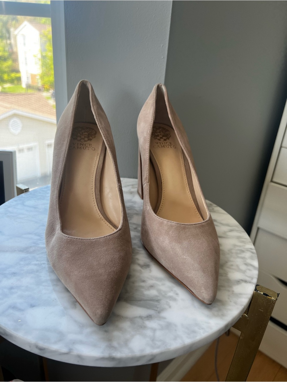 Women's Pointed Toe Suede Pumps in Taupe
